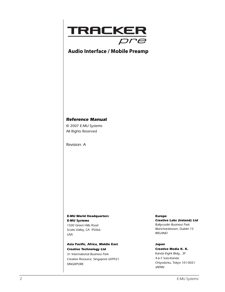 Audio interface / mobile preamp, Reference manual | E-MU Tracker Pre USB 2.0 User Manual | Page 2 / 56