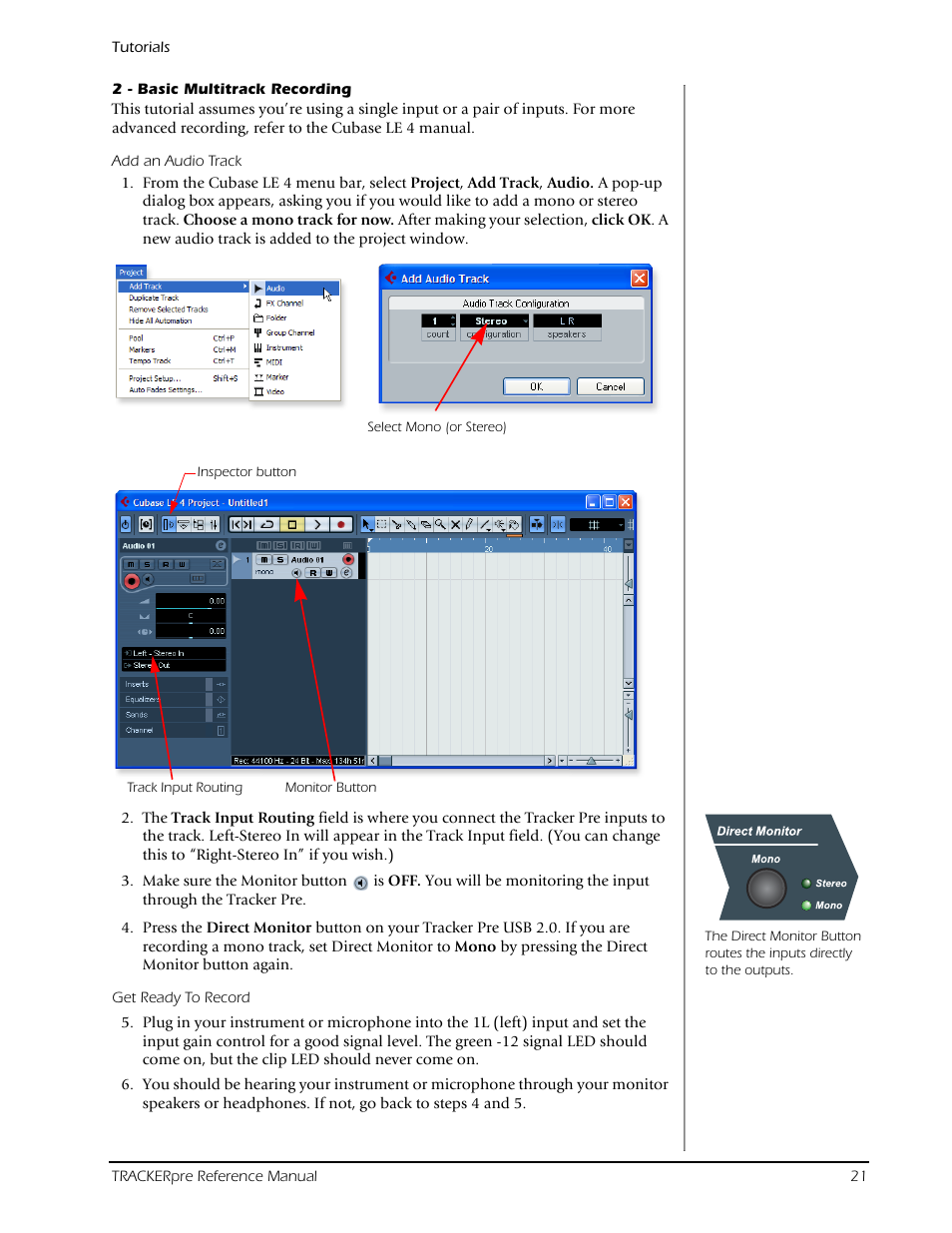 2 - basic multitrack recording | E-MU Tracker Pre USB 2.0 User Manual | Page 21 / 56