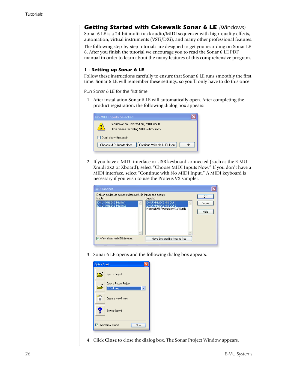 Getting started with cakewalk sonar 6 le (windows), 1 - setting up sonar 6 le, Getting started with cakewalk sonar 6 le | E-MU Tracker Pre USB 2.0 User Manual | Page 26 / 56