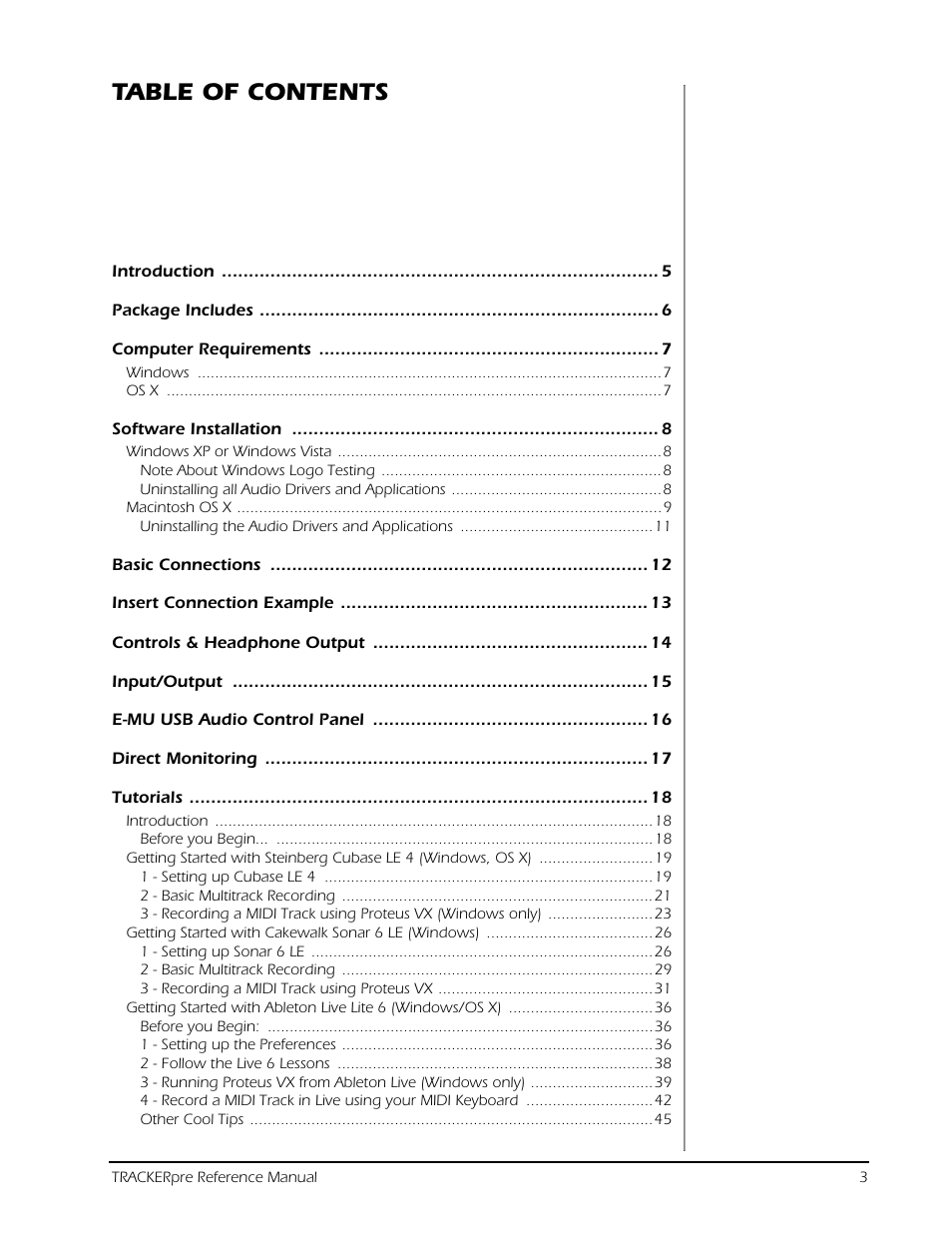 T able of contents | E-MU Tracker Pre USB 2.0 User Manual | Page 3 / 56