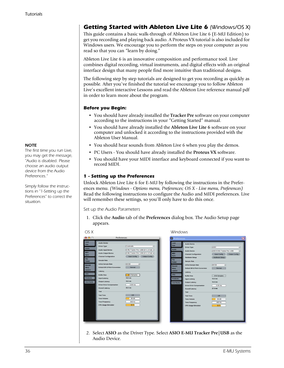 Before you begin, 1 - setting up the preferences, Before you begin: 1 - setting up the preferences | Getting started with ableton live lite 6 | E-MU Tracker Pre USB 2.0 User Manual | Page 36 / 56