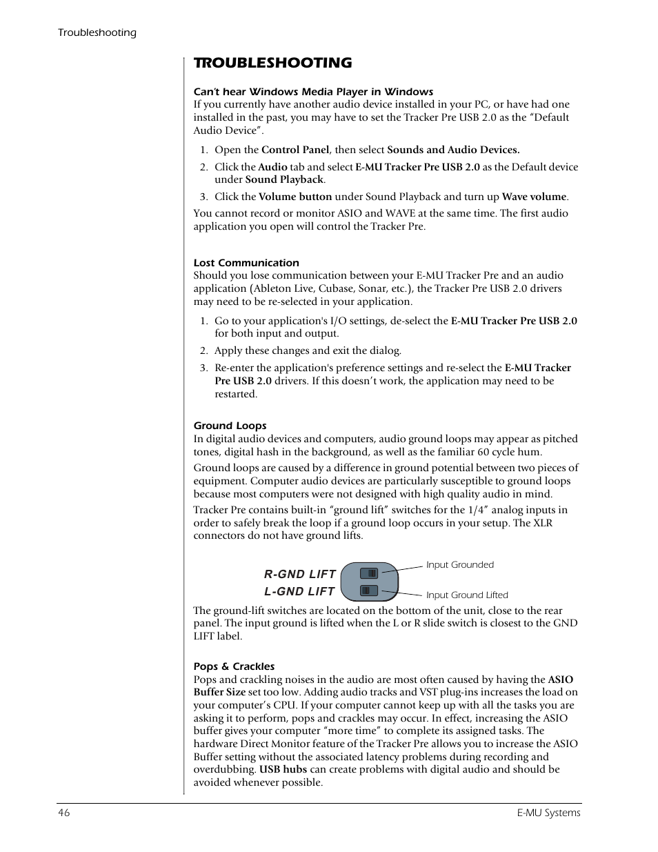 Troubleshooting | E-MU Tracker Pre USB 2.0 User Manual | Page 46 / 56