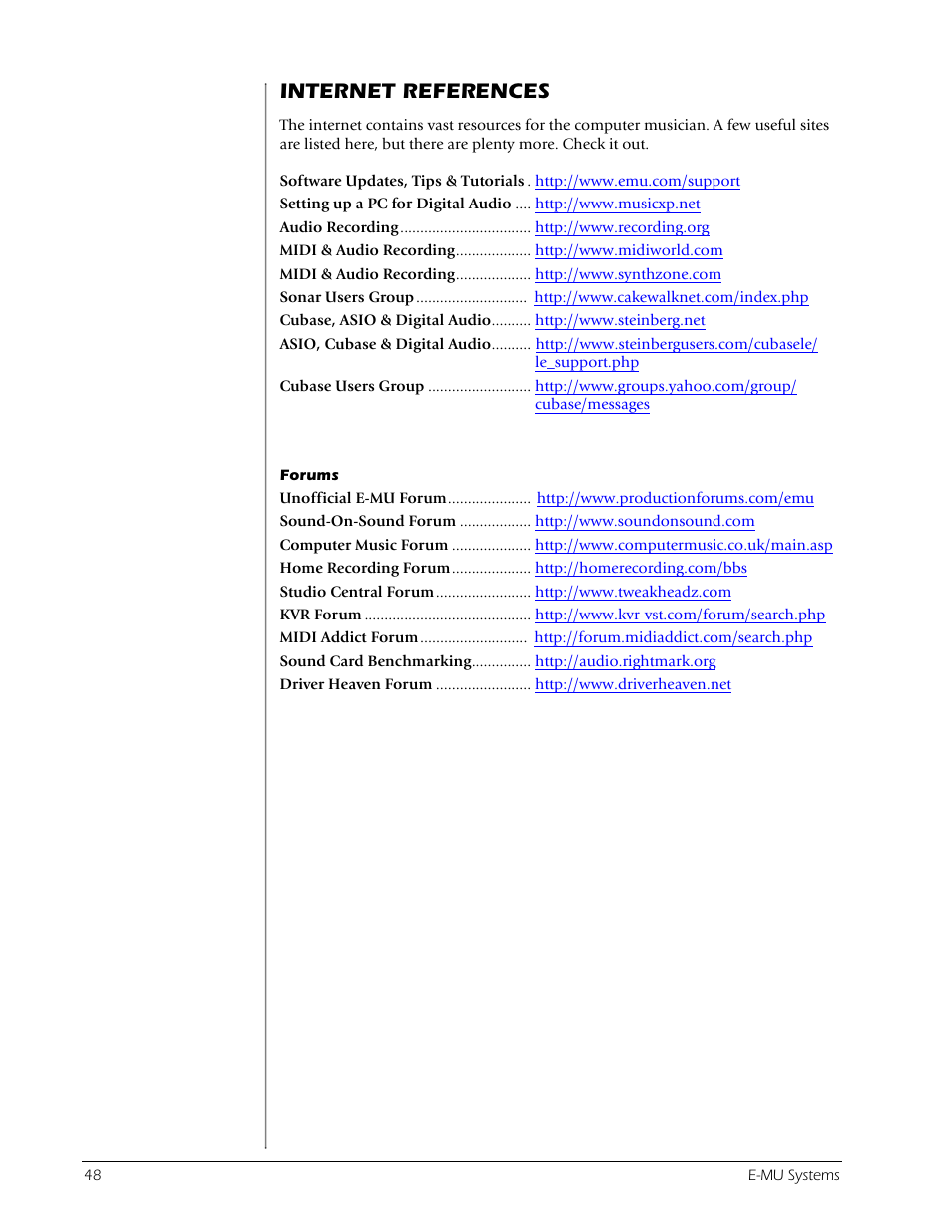 Internet references, Forums | E-MU Tracker Pre USB 2.0 User Manual | Page 48 / 56