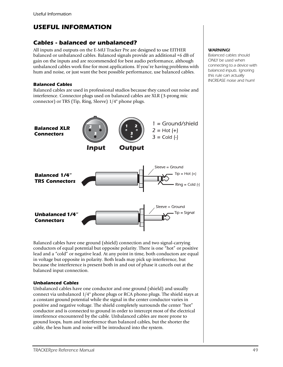 Useful information, Cables - balanced or unbalanced, Balanced cables | Unbalanced cables, Balanced cables unbalanced cables | E-MU Tracker Pre USB 2.0 User Manual | Page 49 / 56