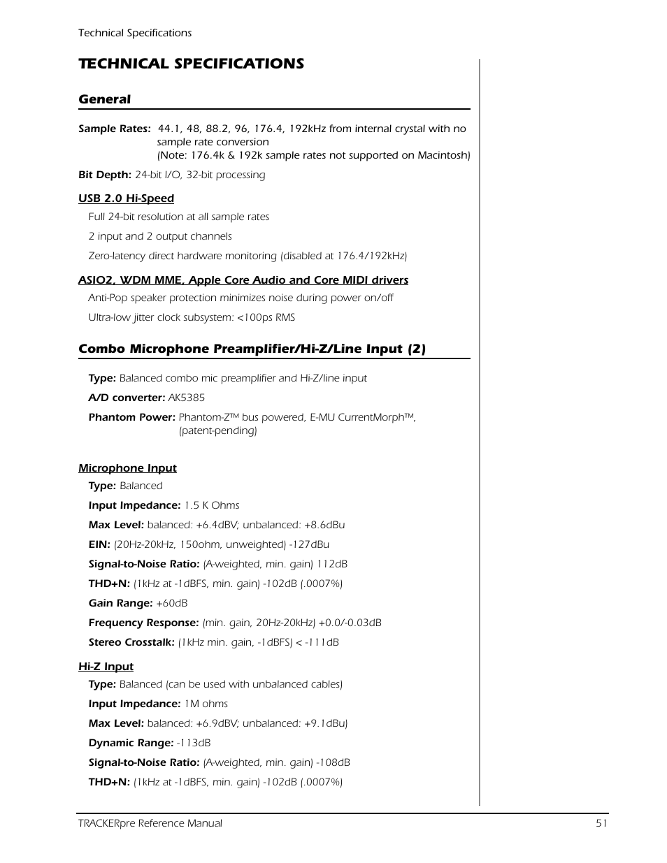 Technical specifications | E-MU Tracker Pre USB 2.0 User Manual | Page 51 / 56