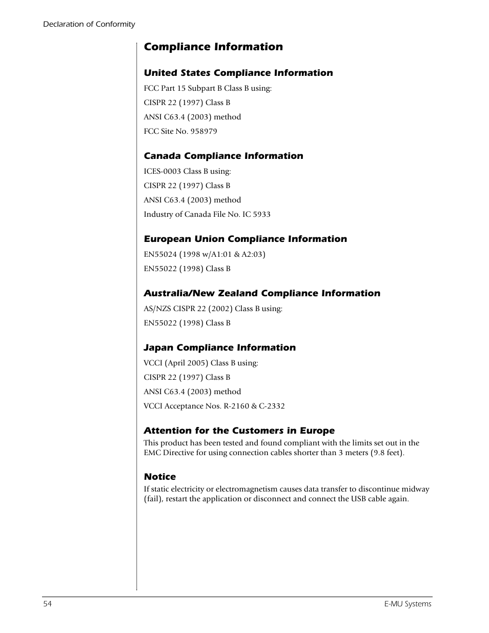 Compliance information | E-MU Tracker Pre USB 2.0 User Manual | Page 54 / 56