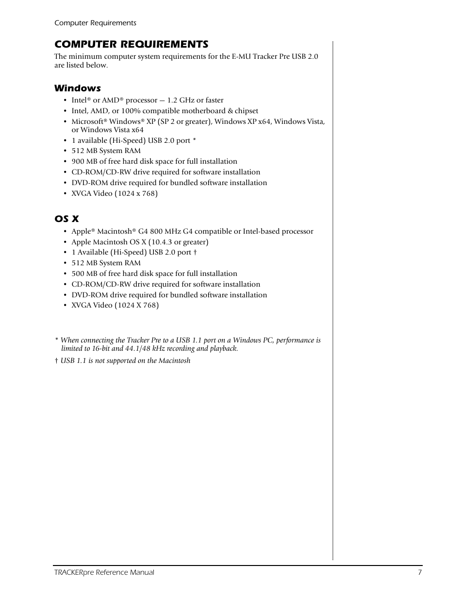 Computer requirements, Windows, Os x | Windows os x | E-MU Tracker Pre USB 2.0 User Manual | Page 7 / 56