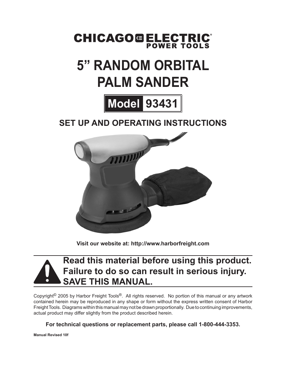 Chicago Electric 5" Random Orbital Palm Sander 93431 User Manual | 16 pages