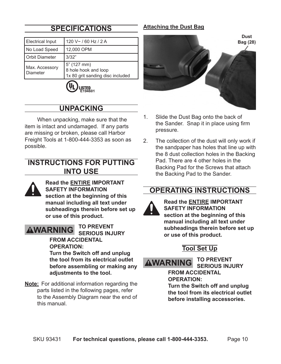 Specifications, Unpacking, Instructions for putting into use | Operating instructions | Chicago Electric 5" Random Orbital Palm Sander 93431 User Manual | Page 10 / 16