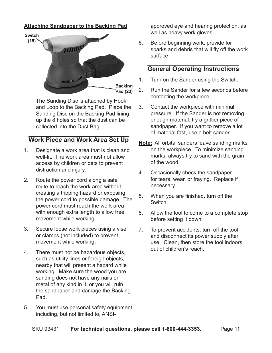 Chicago Electric 5" Random Orbital Palm Sander 93431 User Manual | Page 11 / 16