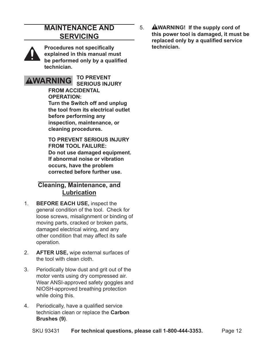 Maintenance and servicing | Chicago Electric 5" Random Orbital Palm Sander 93431 User Manual | Page 12 / 16