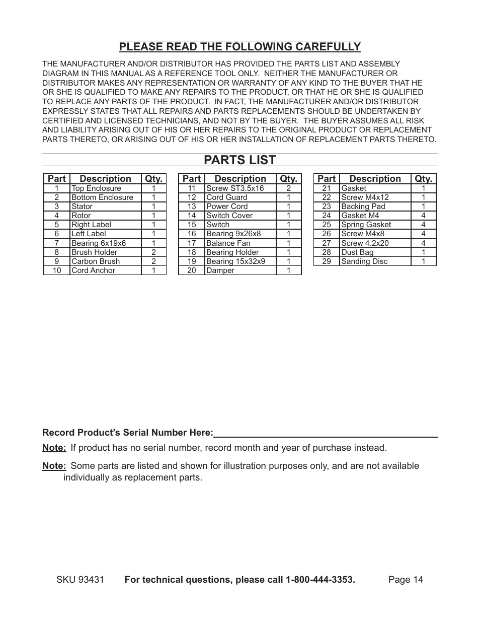 Parts list, Please read the following carefully | Chicago Electric 5" Random Orbital Palm Sander 93431 User Manual | Page 14 / 16