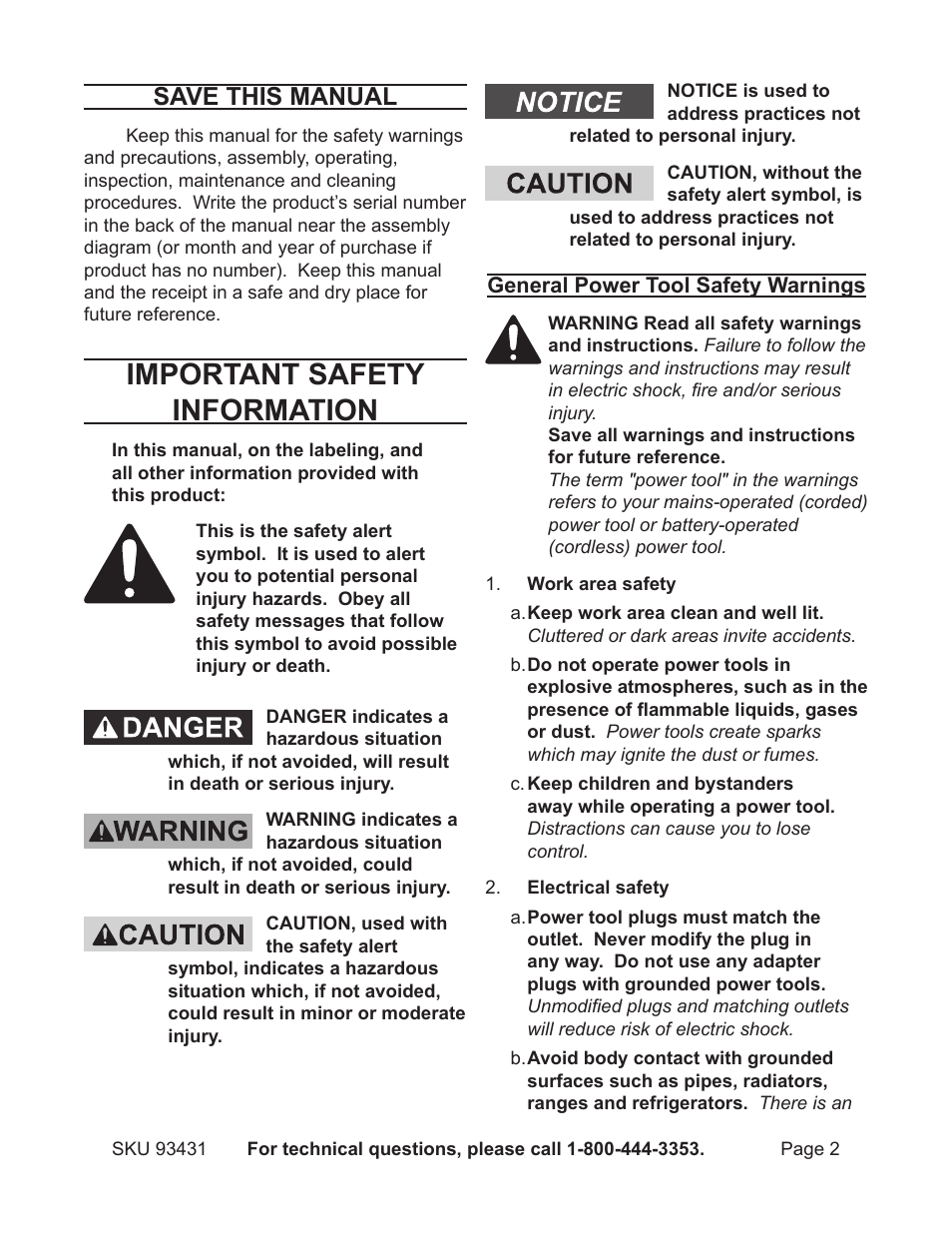 Important safety information, Save this manual | Chicago Electric 5" Random Orbital Palm Sander 93431 User Manual | Page 2 / 16