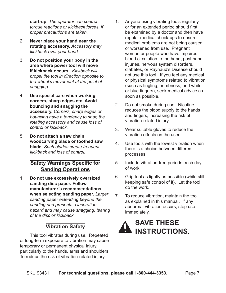Save these instructions | Chicago Electric 5" Random Orbital Palm Sander 93431 User Manual | Page 7 / 16