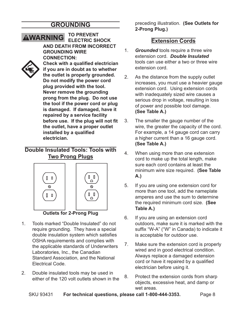 Grounding | Chicago Electric 5" Random Orbital Palm Sander 93431 User Manual | Page 8 / 16