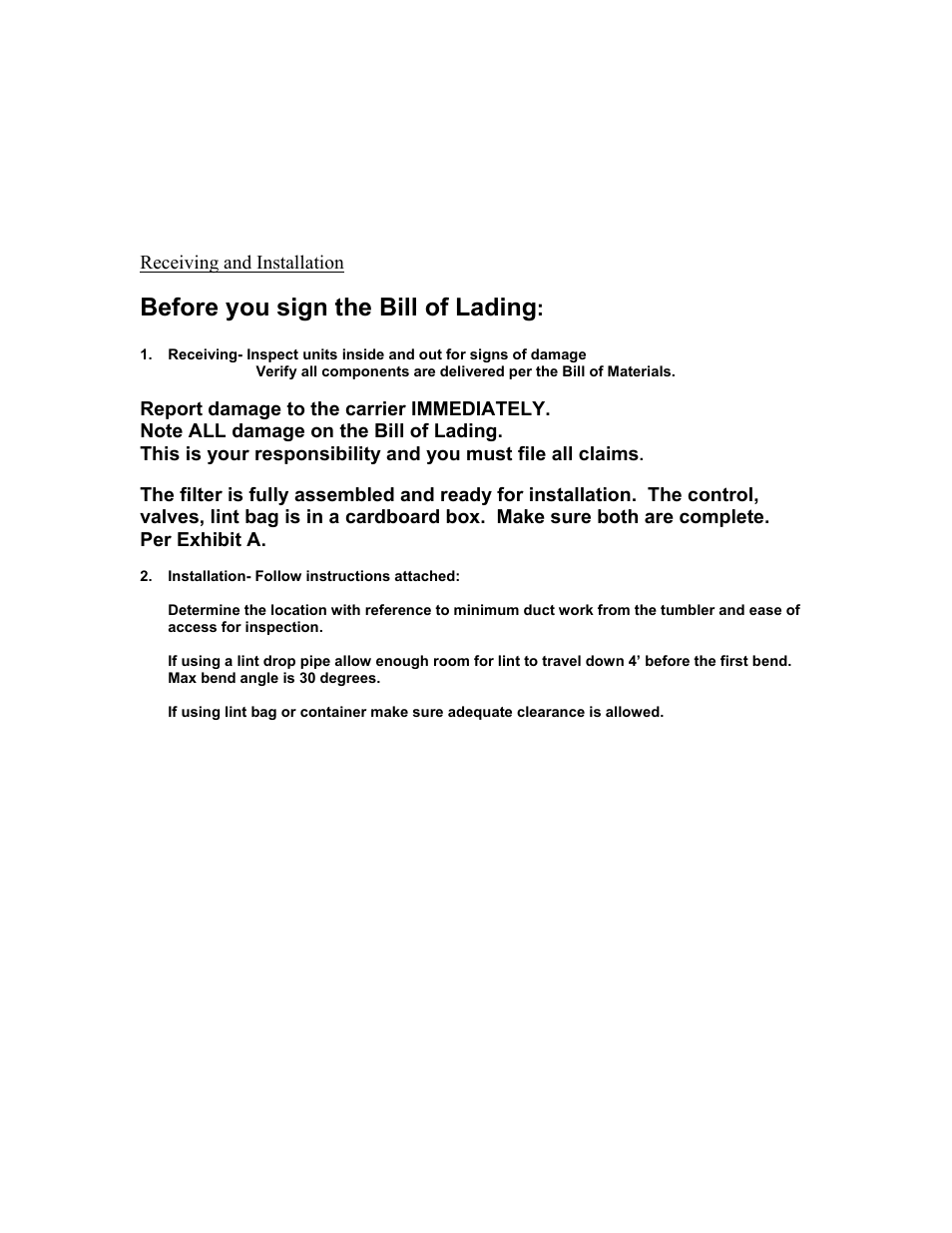 Receiving and installation, Before you sign the bill of lading | Energenics 120 Low Profile Lint Filter (Old) User Manual | Page 3 / 19