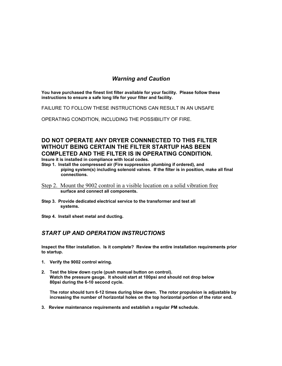 Warning and caution, Start up and operation instructions | Energenics 120 Low Profile Lint Filter (Old) User Manual | Page 6 / 19