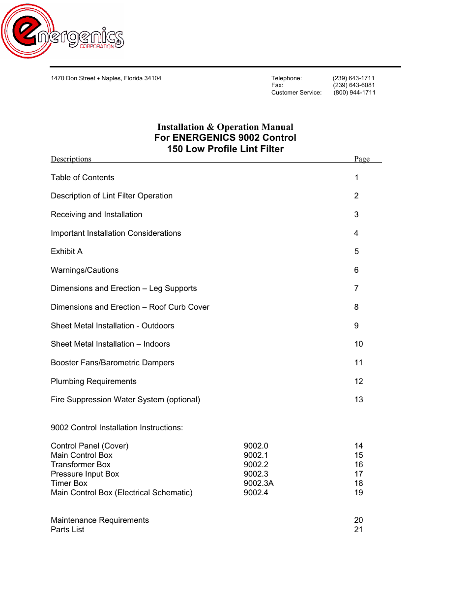 Energenics 150 Low Profile Lint Filter (Old) User Manual | 21 pages