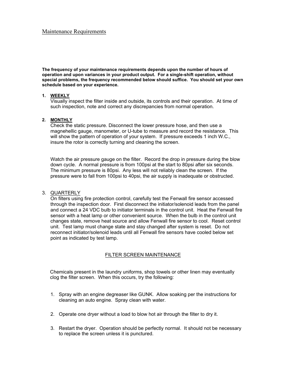 Maintenance requirements | Energenics 150 Low Profile Lint Filter (Old) User Manual | Page 20 / 21