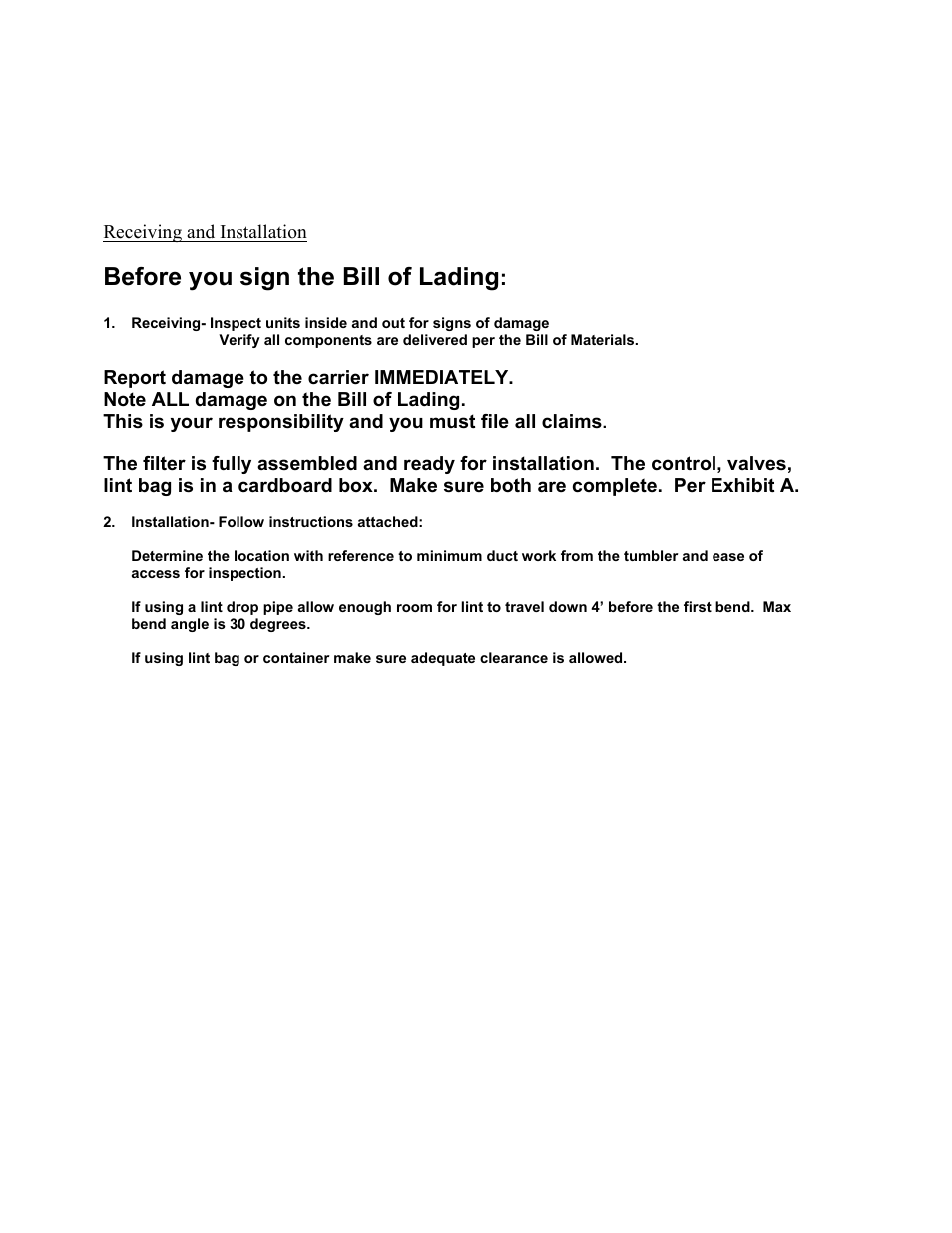 Receiving and installation, Before you sign the bill of lading | Energenics 150 Low Profile Lint Filter (Old) User Manual | Page 3 / 21