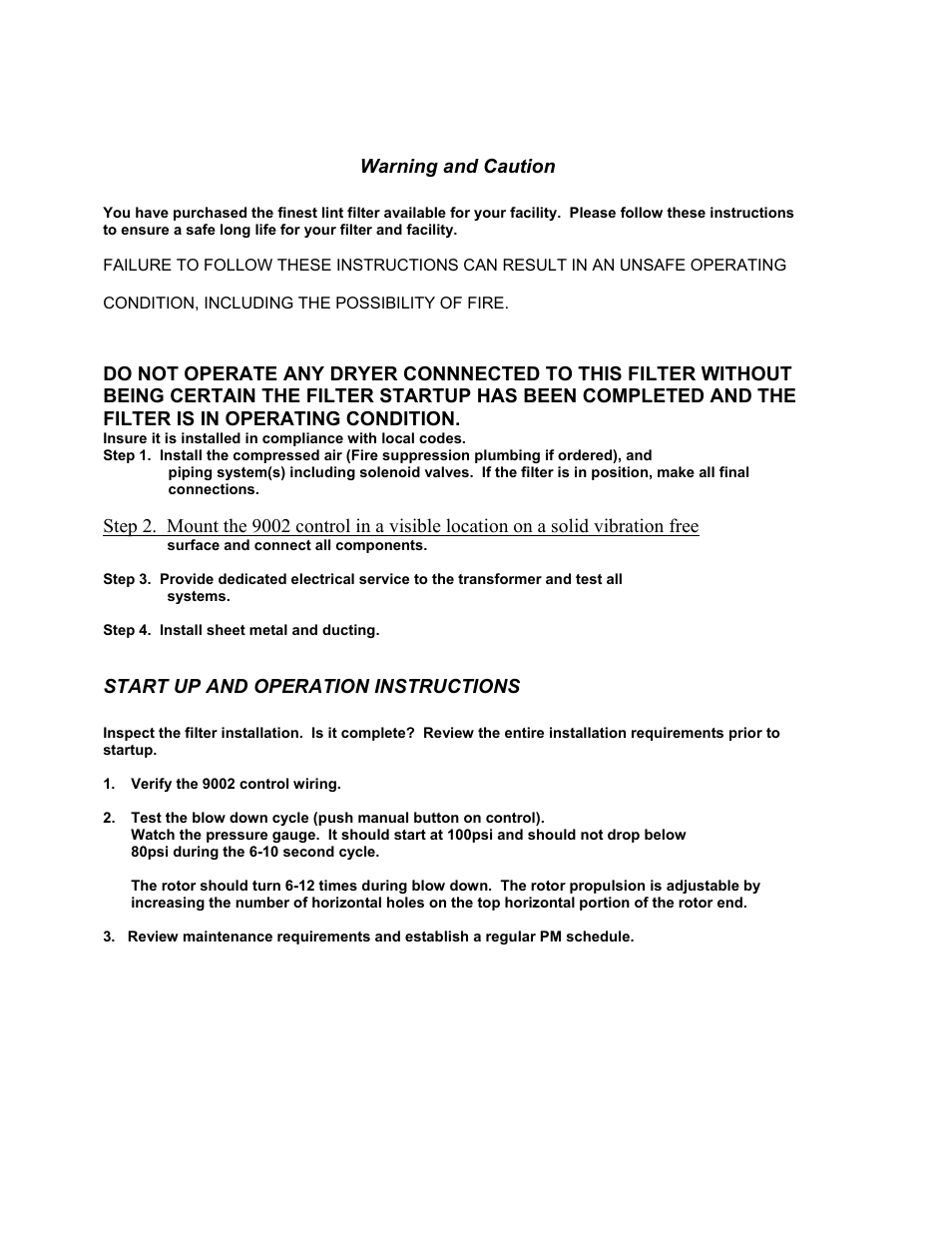 Warning and caution, Start up and operation instructions | Energenics 150 Low Profile Lint Filter (Old) User Manual | Page 6 / 21