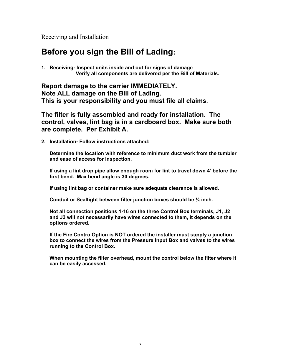 Receiving and installation, Before you sign the bill of lading | Energenics In-Line Space Saver Lint Filters (Old) User Manual | Page 3 / 22