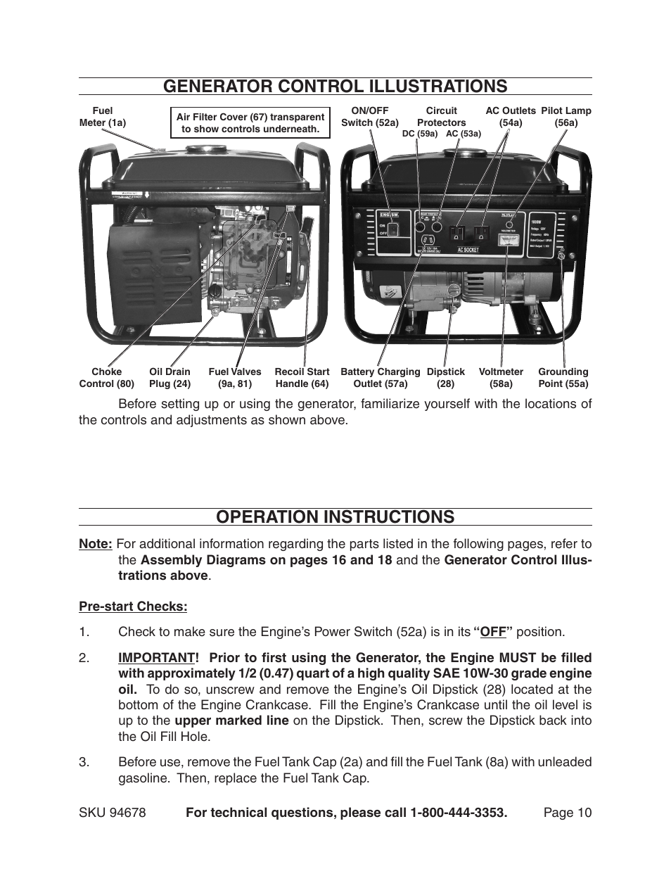 Generator control illustrations, Operation instructions | Chicago Electric 94678 User Manual | Page 10 / 20