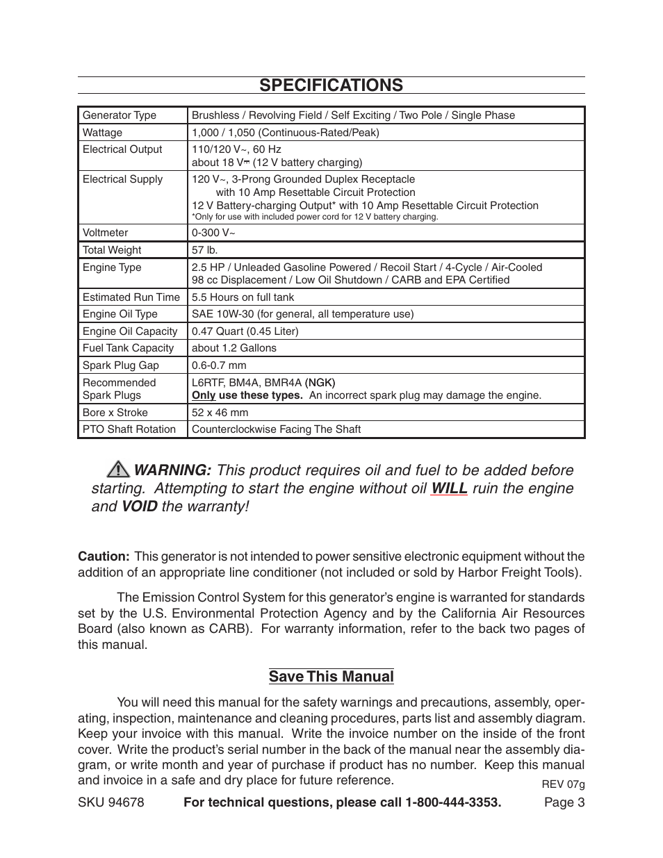 Specifications, Save this manual | Chicago Electric 94678 User Manual | Page 3 / 20