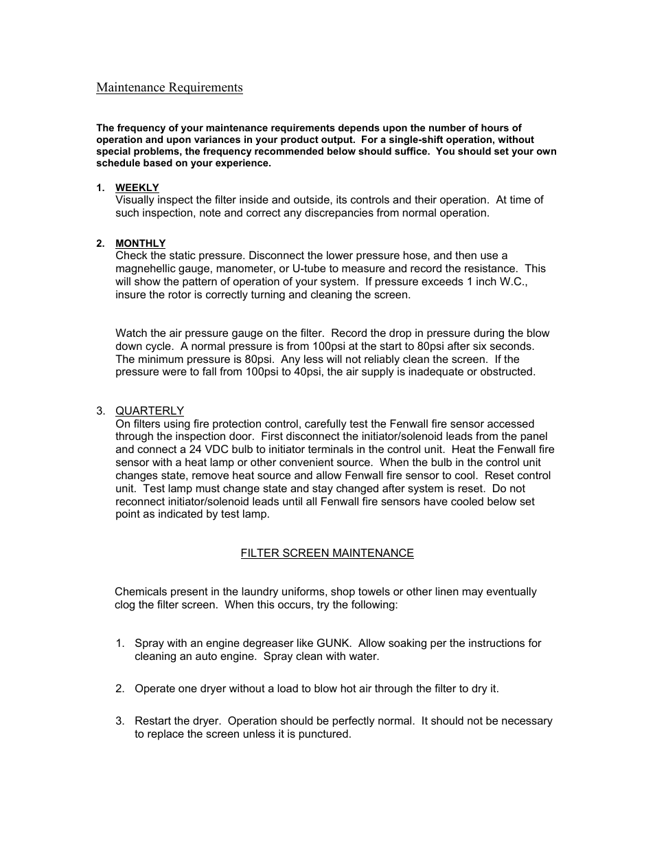Maintenance requirements | Energenics Super Series Lint Filter (Old) User Manual | Page 23 / 25