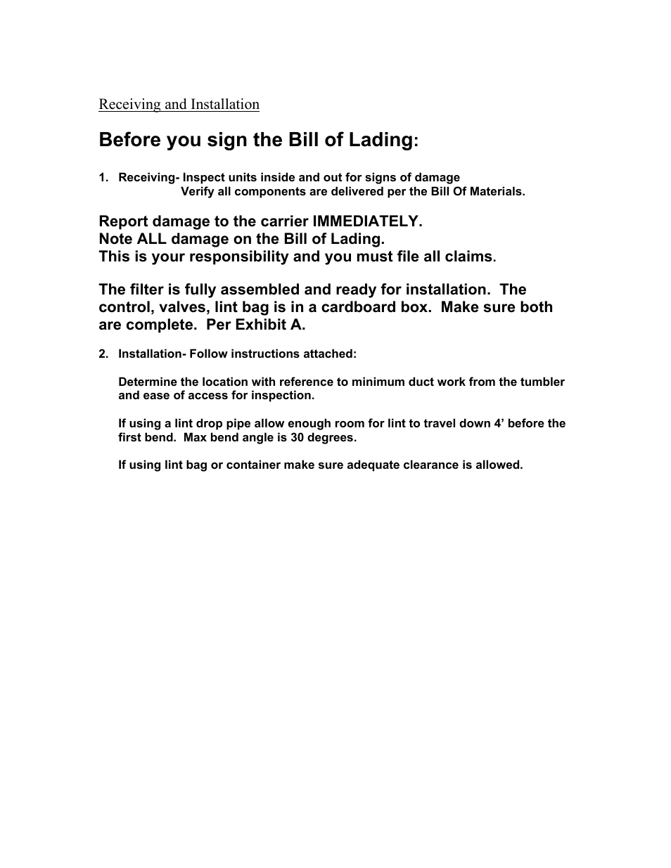 Receiving and installation, Before you sign the bill of lading | Energenics Super Series Lint Filter (Old) User Manual | Page 3 / 25
