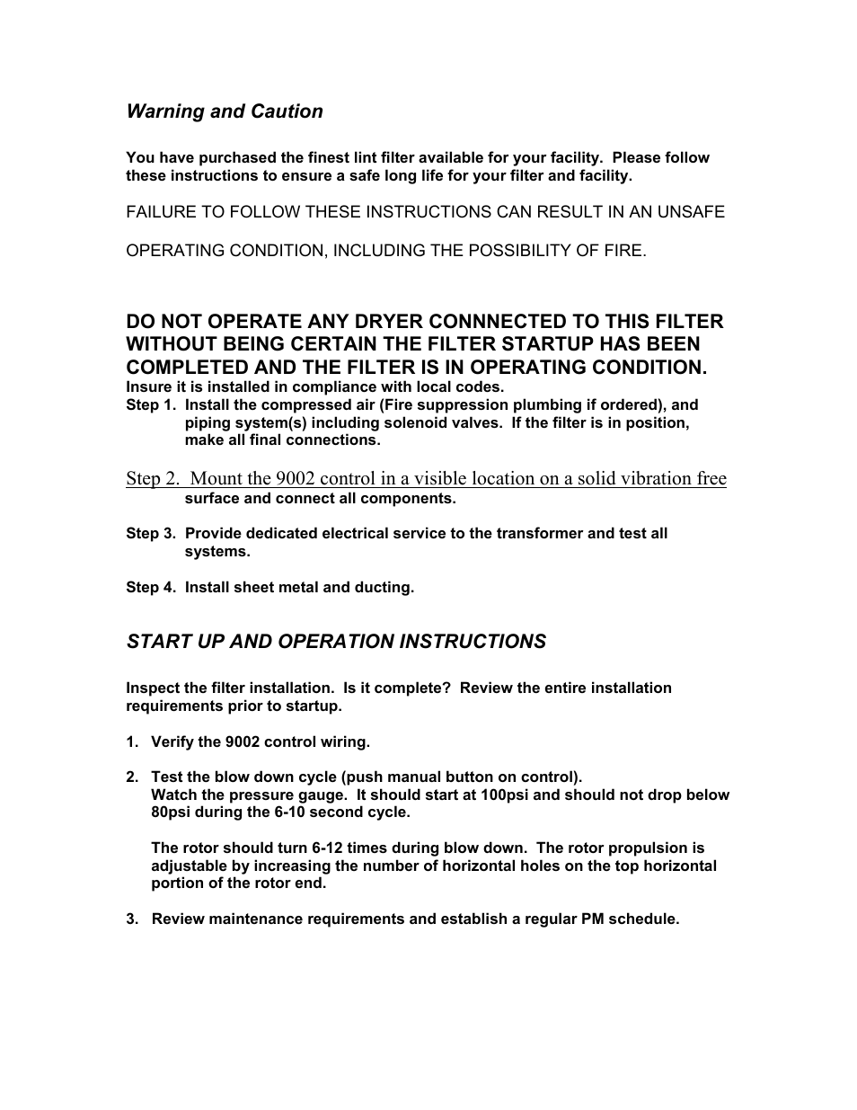 Warning and caution, Start up and operation instructions | Energenics Super Series Lint Filter (Old) User Manual | Page 6 / 25