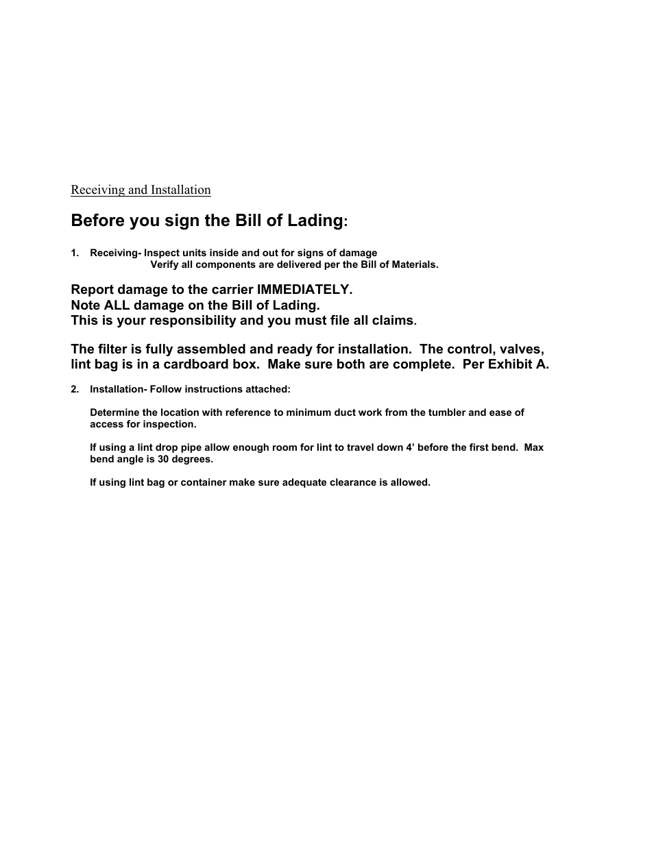 Receiving and installation, Before you sign the bill of lading | Energenics Wallhugger Series Lint Filter (Old) User Manual | Page 3 / 19