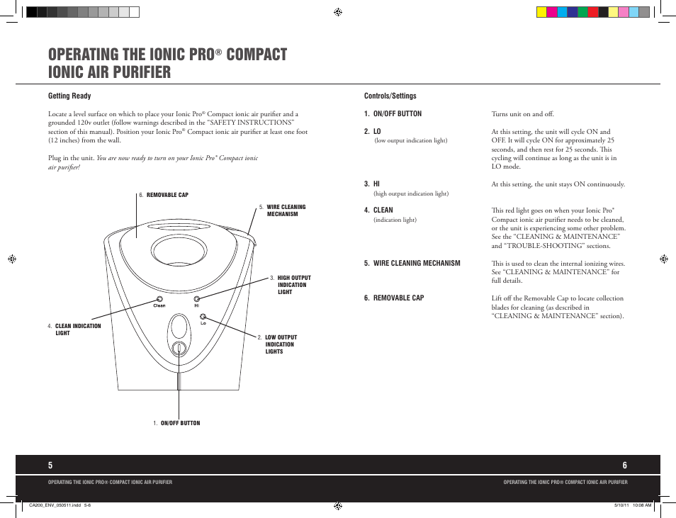 Operating the ionic pro, Compact ionic air purifier | Envion CA200 User Manual | Page 5 / 10