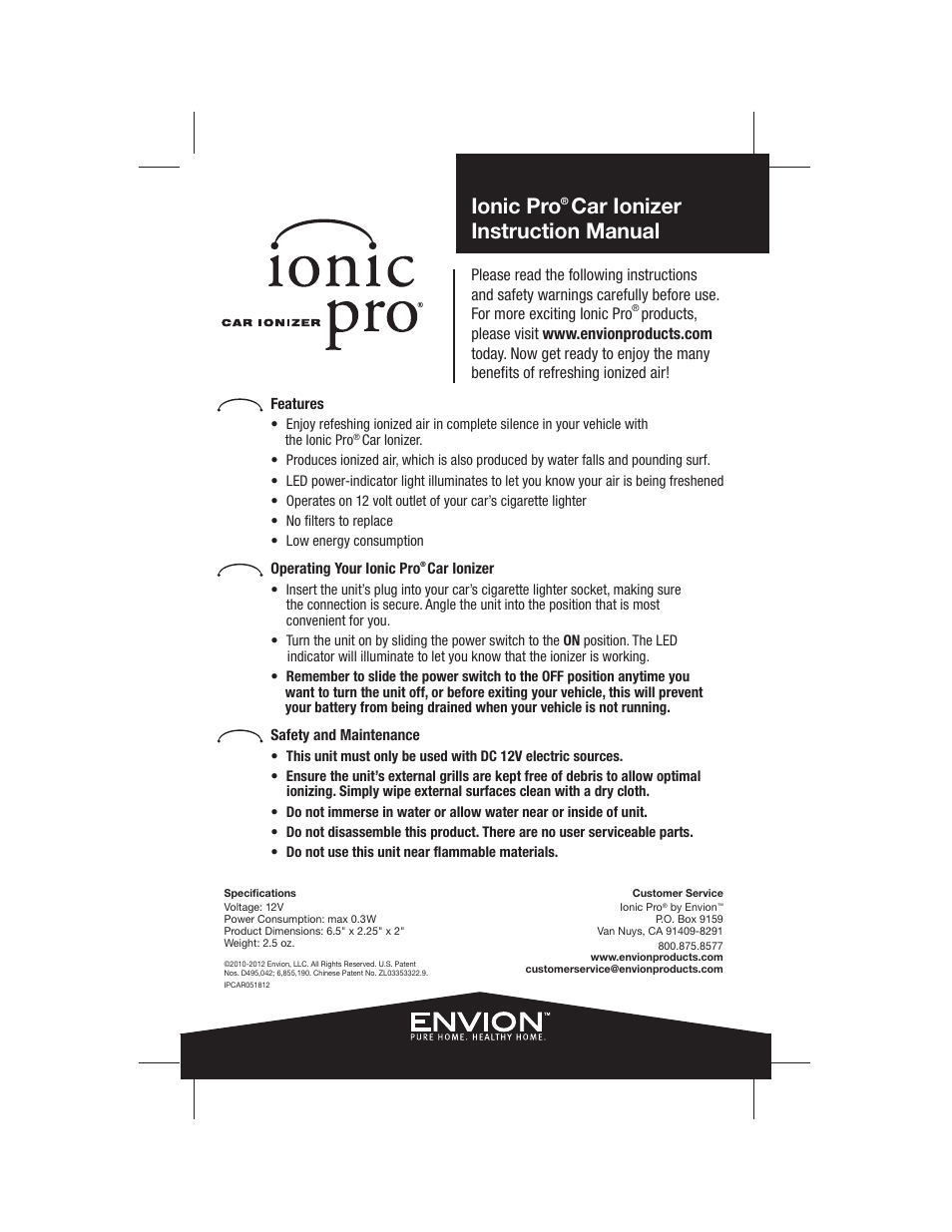 Envion Ionic Pro Car Ionizer User Manual | 1 page