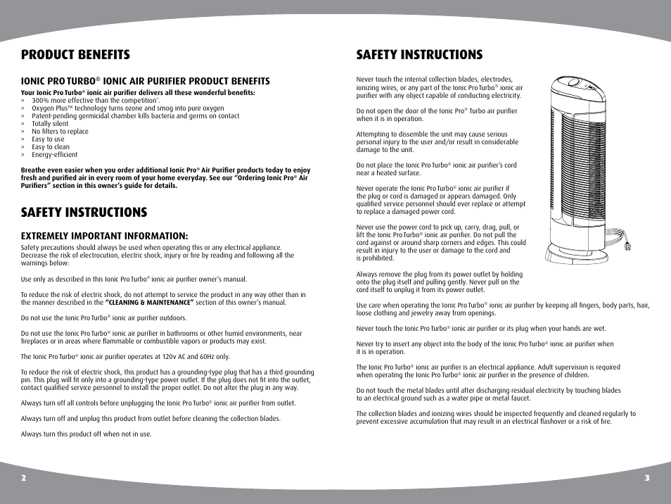 Safety instructions, Product benefits, Ionic pro | Turbo, Ionic air purifier product benefits, Extremely important information | Envion Turbo User Manual | Page 3 / 10