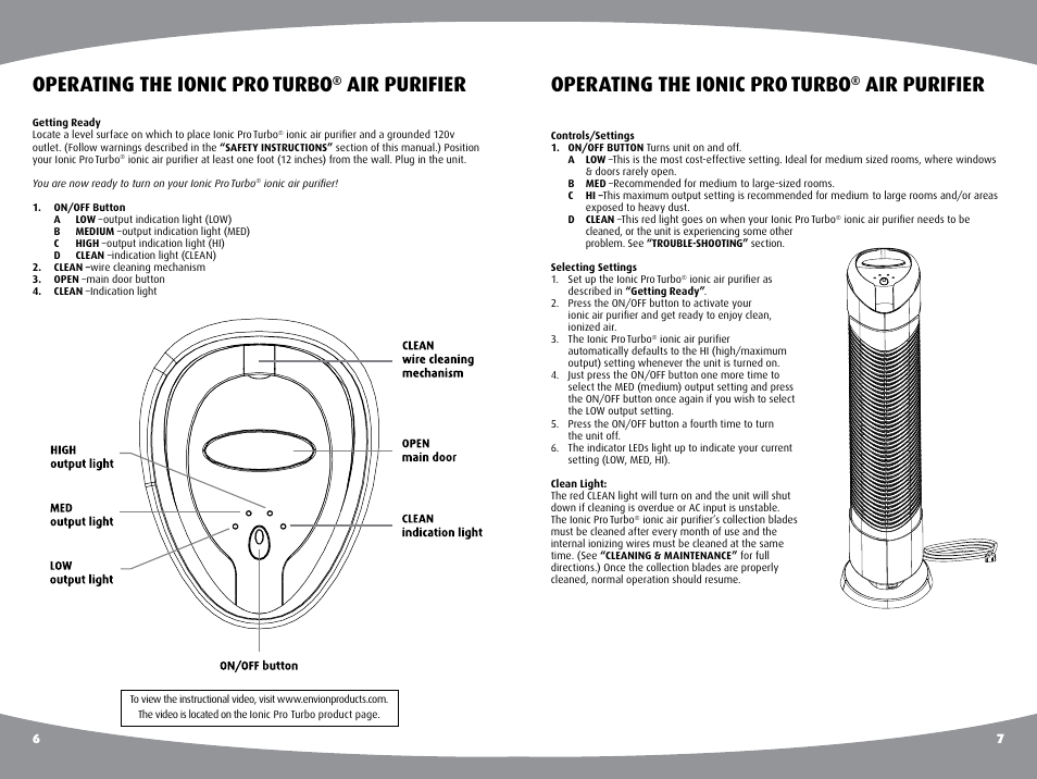 Operating the ionic pro, Turbo, Air purifier | Envion Turbo User Manual | Page 5 / 10