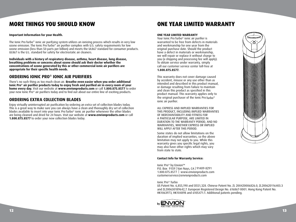 One year limited warranty, More things you should know, Ordering ionic pro | Ionic air purifiers, Ordering extra collection blades | Envion Turbo User Manual | Page 8 / 10