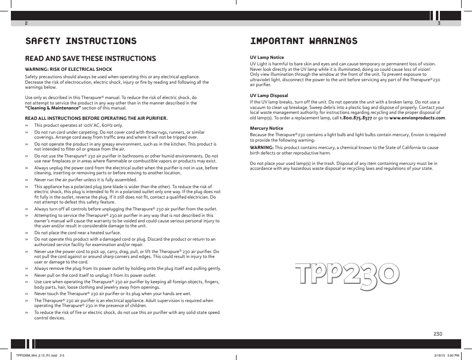 Safety instructions important warnings, Read and save these instructions | Envion TPP230M User Manual | Page 3 / 10