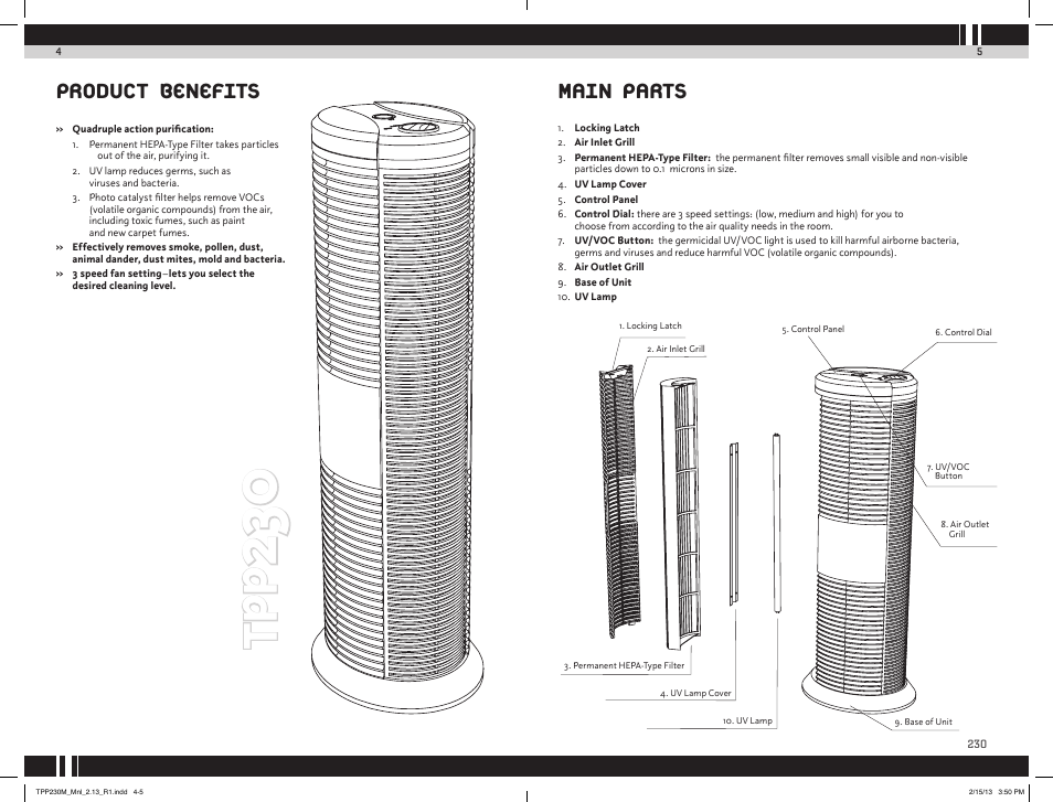 Tp p, Product benefits, Main parts | Envion TPP230M User Manual | Page 4 / 10
