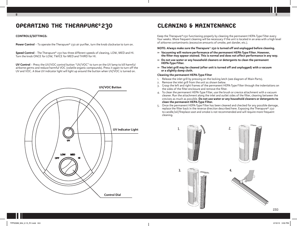 Cleaning & maintenance, Operating the therapure | Envion TPP230M User Manual | Page 6 / 10