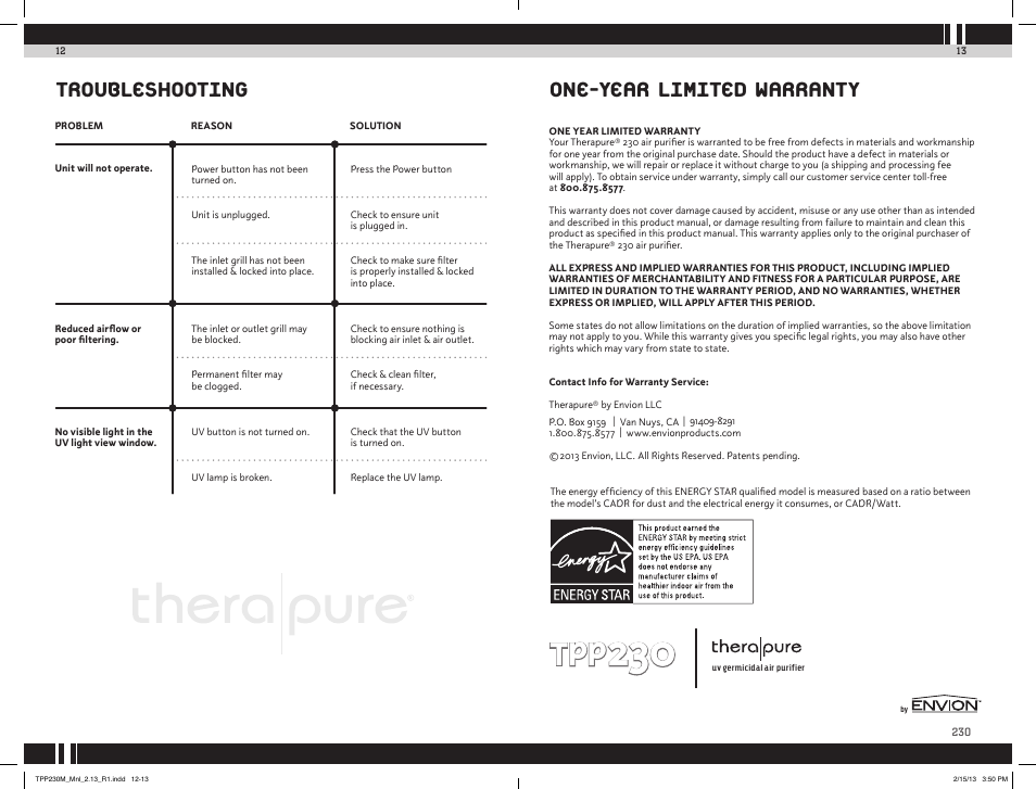 Troubleshooting, One-year limited warranty | Envion TPP230M User Manual | Page 8 / 10