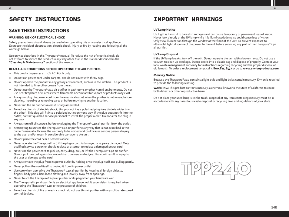Safety instructions important warnings, Save these instructions | Envion TPP240 User Manual | Page 3 / 10