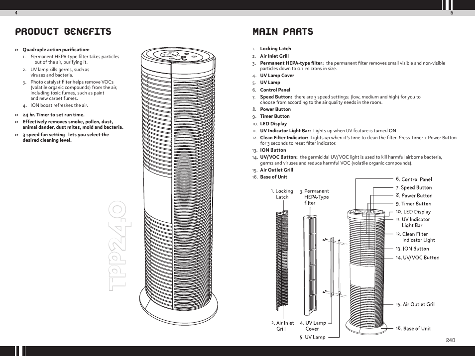 Tp p, Product benefits, Main parts | Envion TPP240 User Manual | Page 4 / 10
