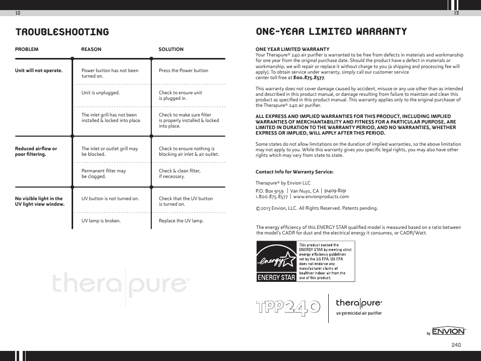 Troubleshooting, One-year limited warranty | Envion TPP240 User Manual | Page 8 / 10