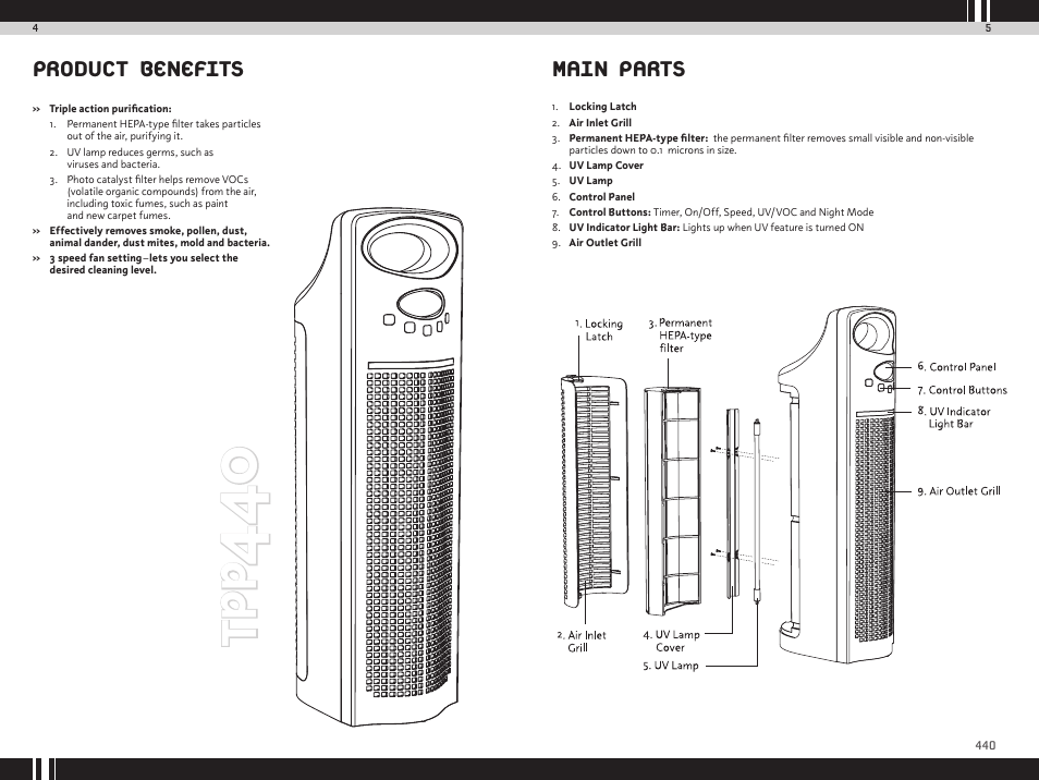Tp p, Product benefits, Main parts | Envion TPP440 User Manual | Page 4 / 10