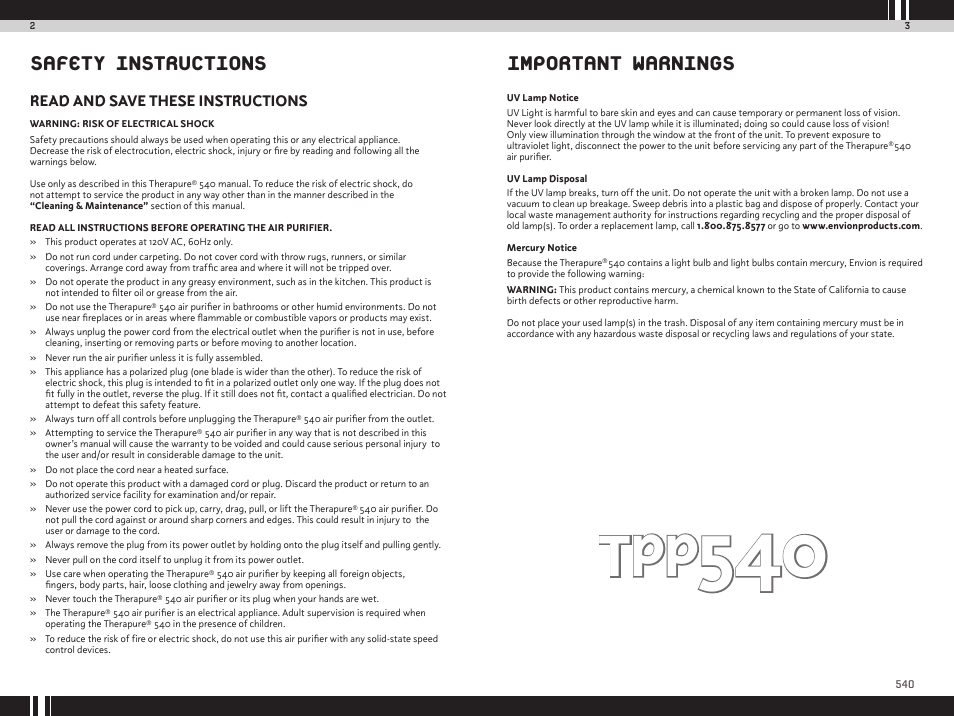 Safety instructions important warnings, Read and save these instructions | Envion TPP540 User Manual | Page 3 / 8