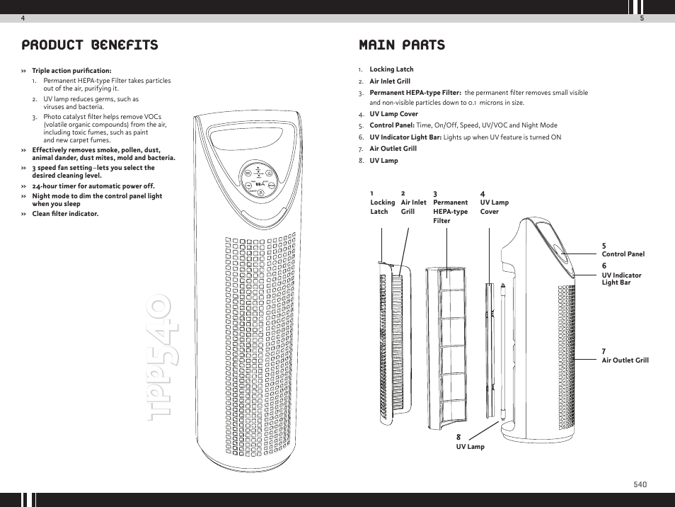 Tp p, Product benefits, Main parts | Envion TPP540 User Manual | Page 4 / 8