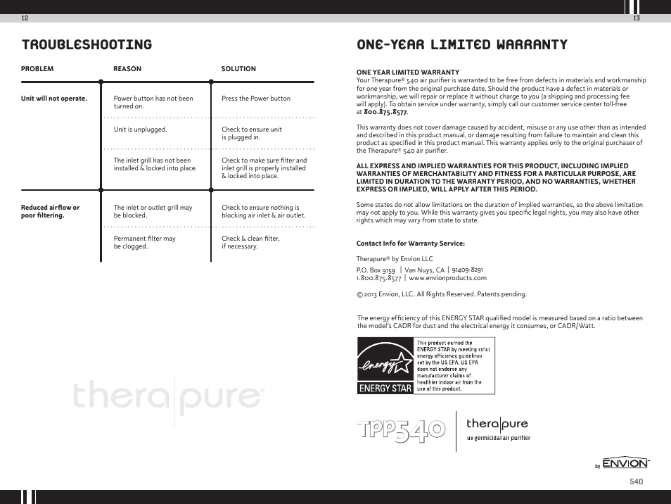 One-year limited warranty, Troubleshooting | Envion TPP540 User Manual | Page 8 / 8