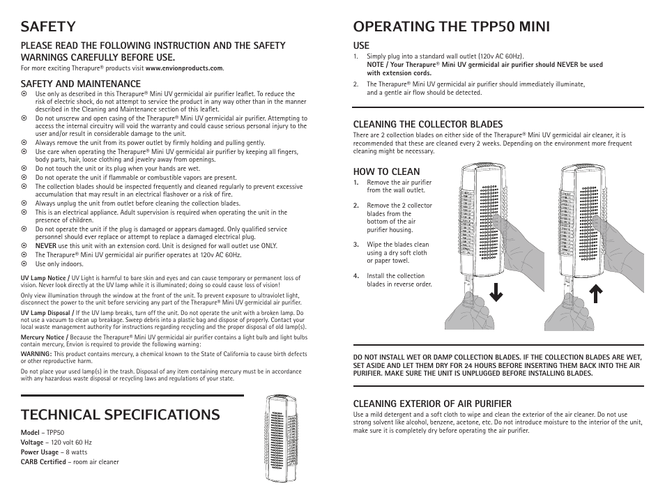 Technical specifications, Operating the tpp50 mini safety | Envion TPP50 User Manual | Page 2 / 2