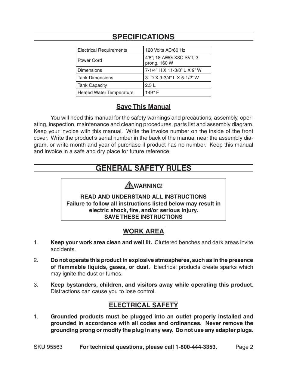 Specifications, General safety rules | Chicago Electric 95563 User Manual | Page 2 / 12